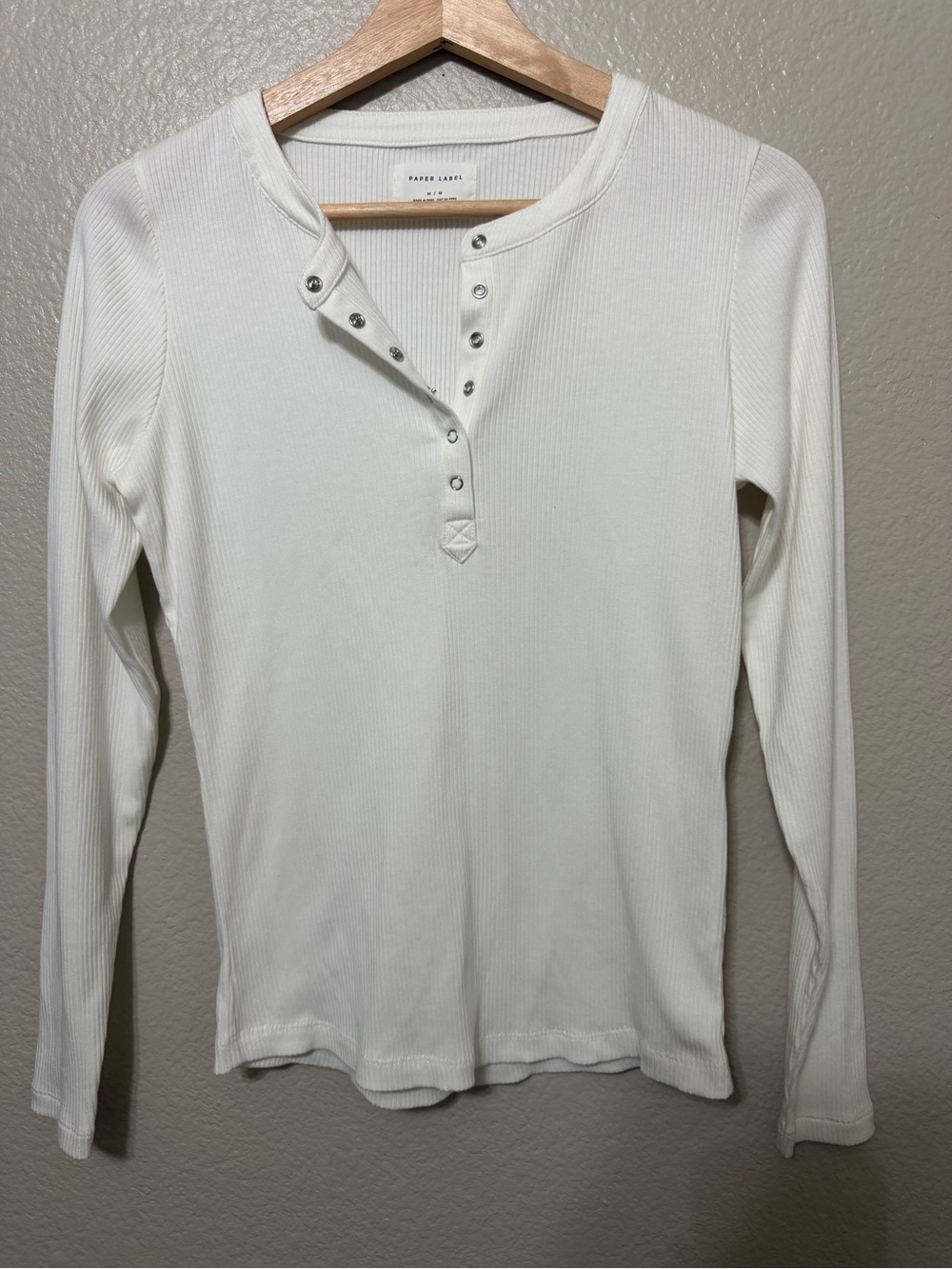 Paper Label Womens White Cotton Blend Ribbed Long Sleeve Henley Top Size M